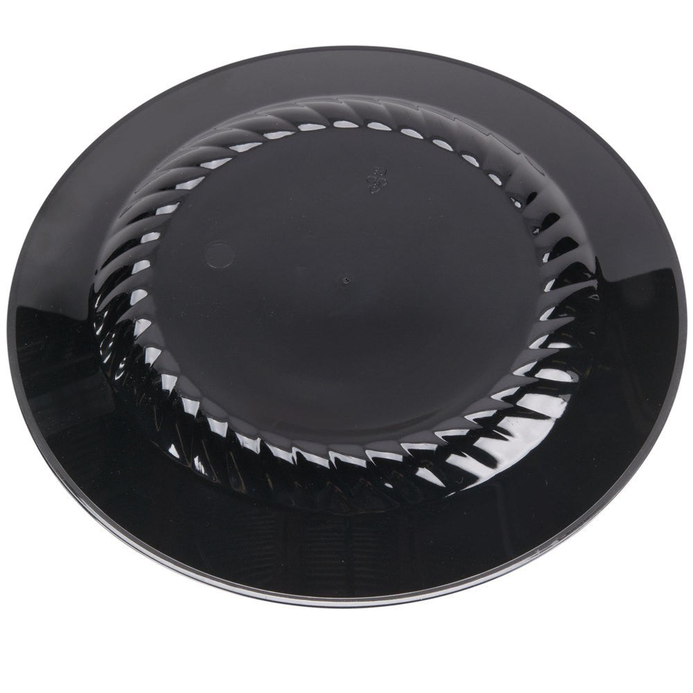 12 Pack 9" Round Plastic Plates - Black with Silver Rim - Decodine