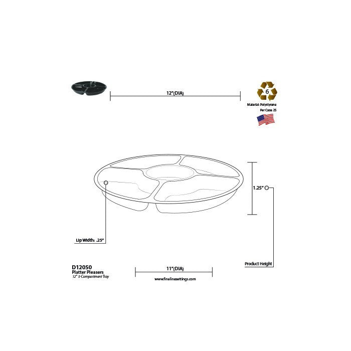 12" White 5 Sectional Plastic Compartment Platter Tray - Decodine