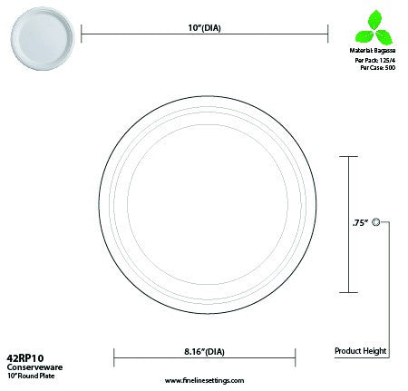 125 Pack 10" Round Bagasse Biodegradable White Disposable Plates - Decodine