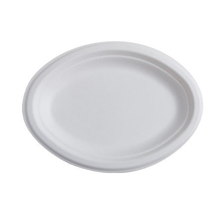 125 Pack 10.25" X 7.75" Oval Bagasse Biodegradable White Disposable Plates/Trays - Decodine