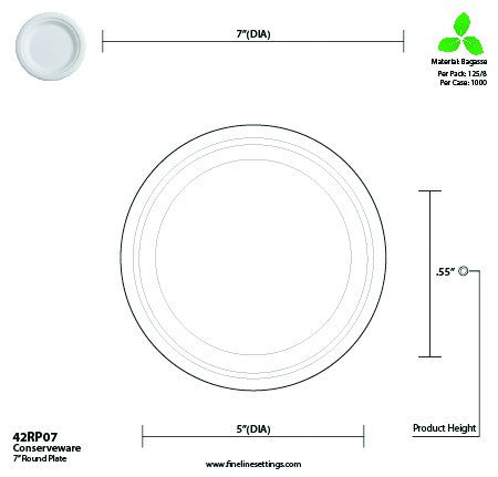 125 Pack 7" Round Bagasse Biodegradable White Disposable Plates - Decodine
