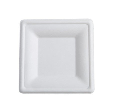125 Pack 8" Square Bagasse Biodegradable White Disposable Plates - Decodine