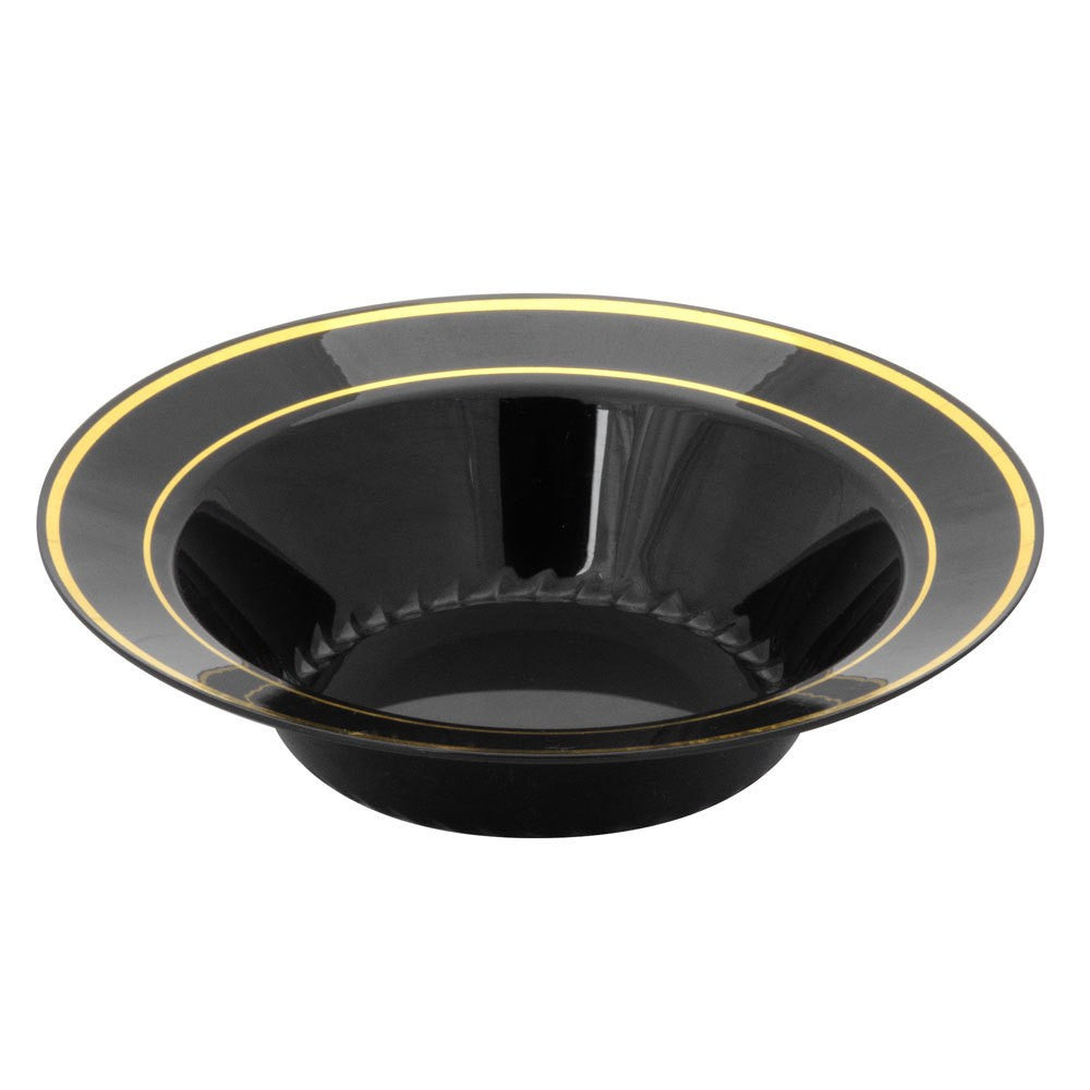 15 Pack 12oz Round Plastic Soup Bowls - Black Bowls with Gold Rim - Decodine
