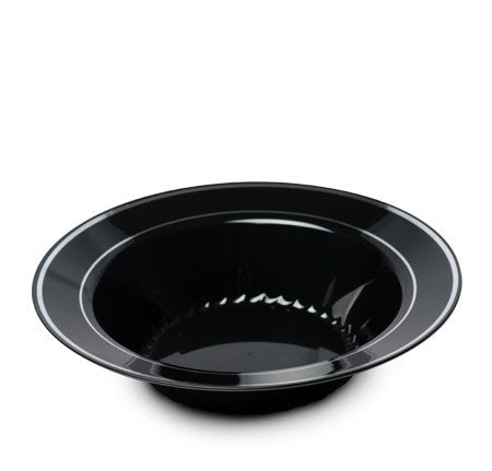 15 Pack 12oz Round Plastic Soup Bowls - Black Bowls with Silver Rim - Decodine