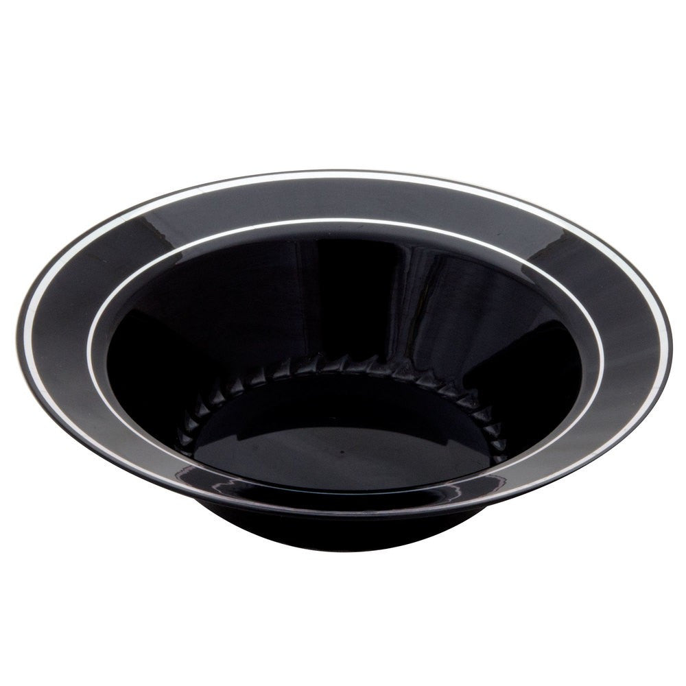 15 Pack 12oz Round Plastic Soup Bowls - Black Bowls with Silver Rim - Decodine