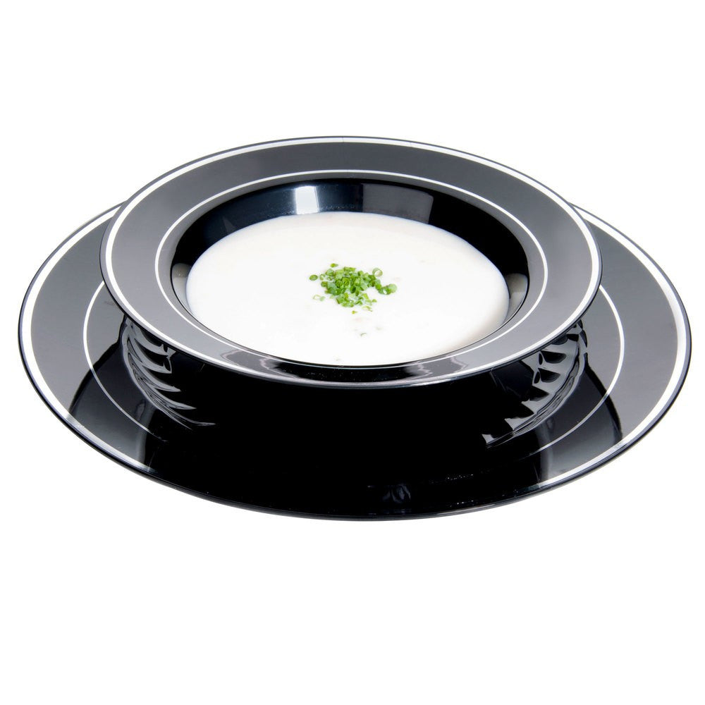 15 Pack 12oz Round Plastic Soup Bowls - Black Bowls with Silver Rim - Decodine