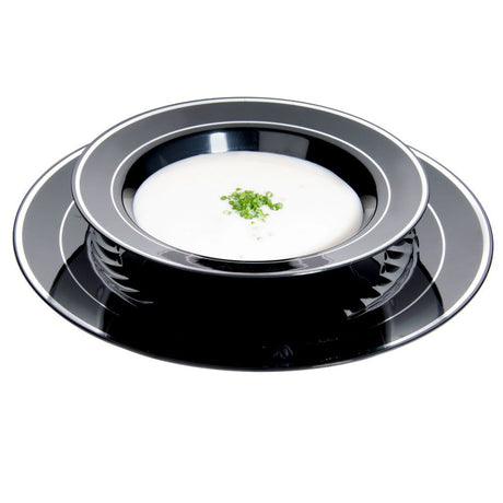 15 Pack 12oz Round Plastic Soup Bowls - Black Bowls with Silver Rim - Decodine