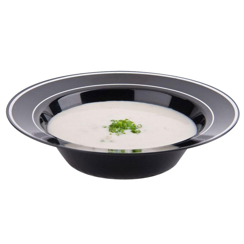 15 Pack 12oz Round Plastic Soup Bowls - Black Bowls with Silver Rim - Decodine