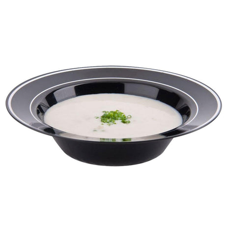15 Pack 12oz Round Plastic Soup Bowls - Black Bowls with Silver Rim - Decodine