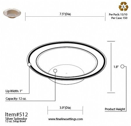 15 Pack 12oz Round Plastic Soup Bowls - White with Silver Rim - Decodine