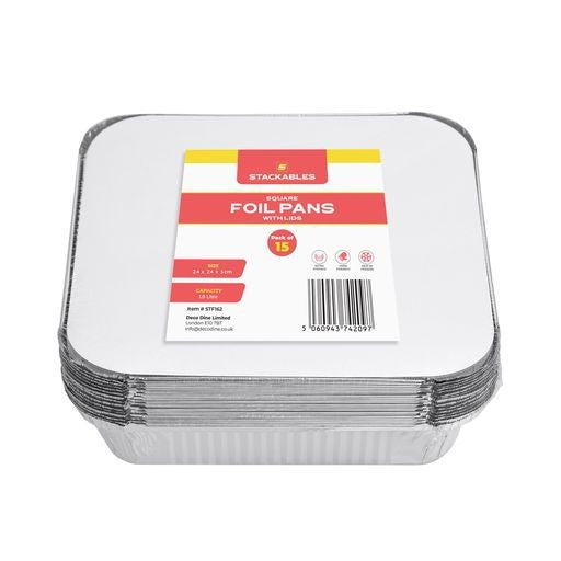 15 Pack 1.9 Litre Square Foil Pans Trays with Lids - Decodine