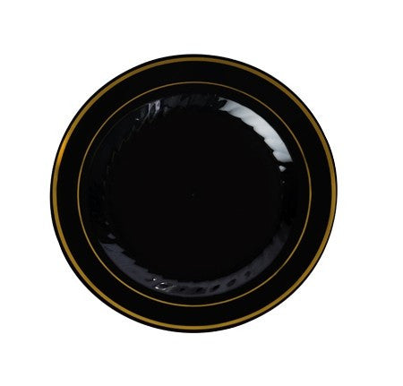 15 Pack 6" Round Plastic Dessert Plates - Black with Gold Rim - Decodine