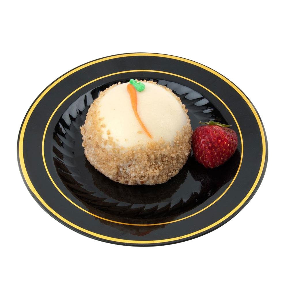 15 Pack 6" Round Plastic Dessert Plates - Black with Gold Rim - Decodine