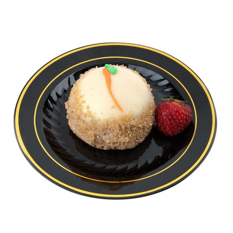 15 Pack 6" Round Plastic Dessert Plates - Black with Gold Rim - Decodine