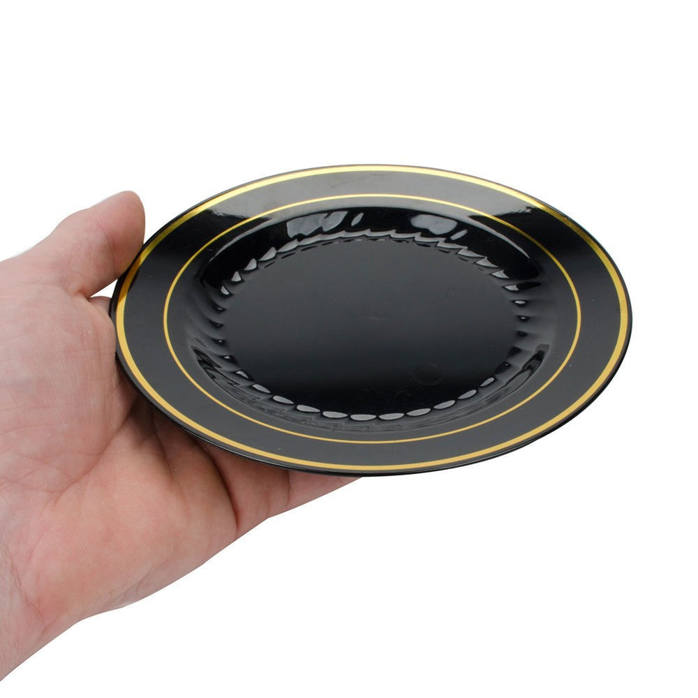 15 Pack 6" Round Plastic Dessert Plates - Black with Gold Rim - Decodine