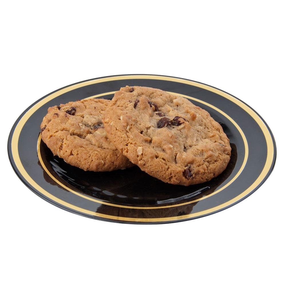 15 Pack 6" Round Plastic Dessert Plates - Black with Gold Rim - Decodine