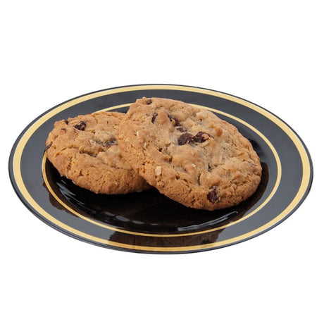 15 Pack 6" Round Plastic Dessert Plates - Black with Gold Rim - Decodine