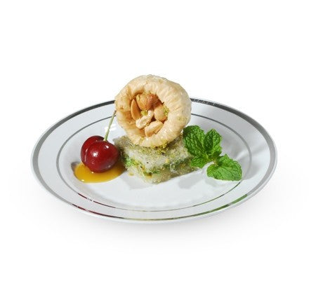 15 Pack 6" Round Plastic Dessert Plates - White with Silver Rim - Decodine