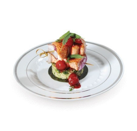 15 Pack 7.5" Round Plastic Dessert Plates - White with Silver Rim - Decodine