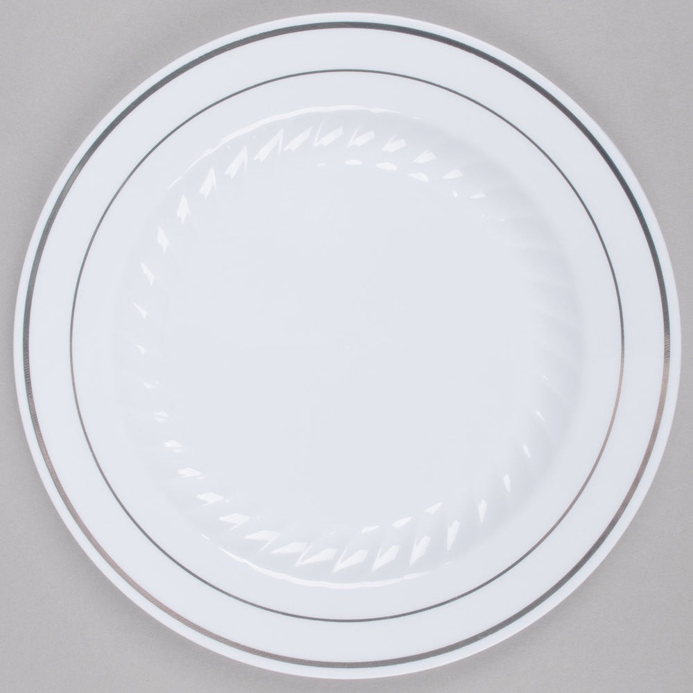 15 Pack 7.5" Round Plastic Dessert Plates - White with Silver Rim - Decodine