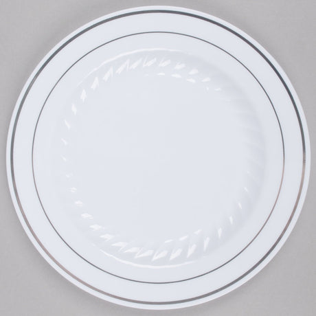 15 Pack 7.5" Round Plastic Dessert Plates - White with Silver Rim - Decodine