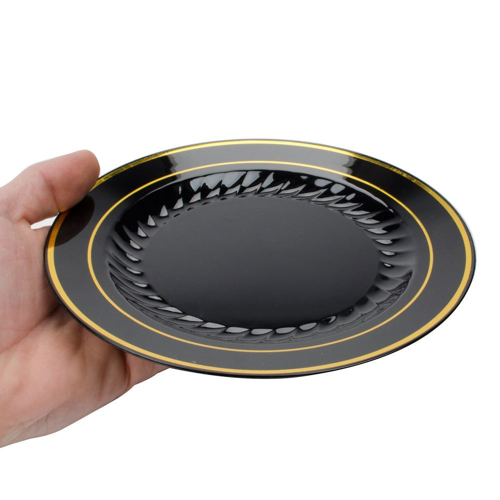15 Pack 7.5" Round Plastic Salad Plates - Black with Gold Rim - Decodine