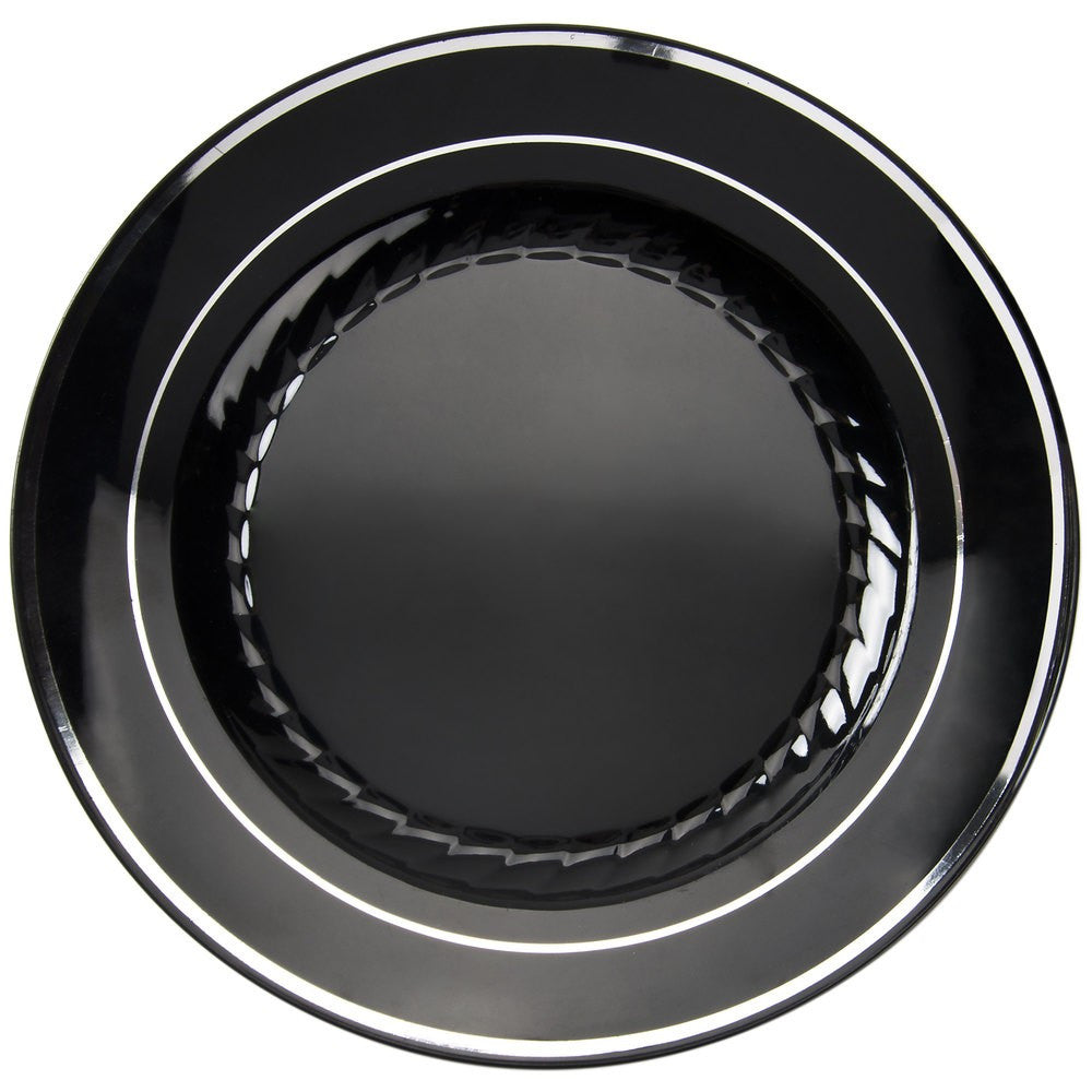 15 Pack 7.5" Round Plastic Salad Plates - Black with silver Rim - Decodine