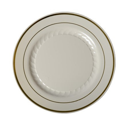 15 Pack 7.5" Round Plastic Salad Plates - Ivory with silver Rim - Decodine