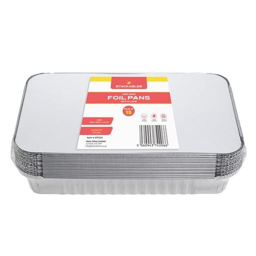 15 Pack Rectangular 30.6 x 20.6 x 4.5cm Foil Pans Trays with Lids - Decodine