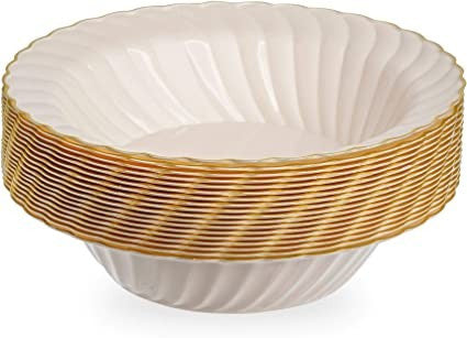 18 Pack 12oz Round Hard Plastic Soup/Party Bowls Ivory with Gold Rim - Decodine