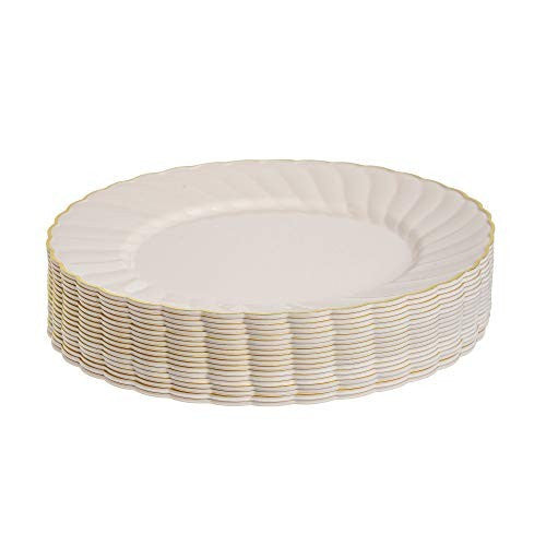 18 Pack 6" Round Hard Plastic Dessert Plates - Ivory with Gold Rim - Decodine