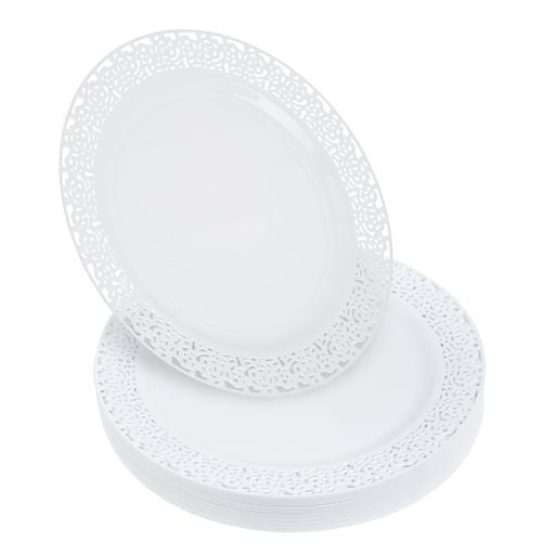 20 Pack 10" White Hard Plastic Dinner Plates with Lace Designed Rim - Decodine