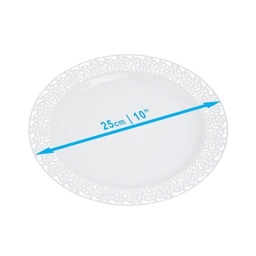20 Pack 10" White Hard Plastic Dinner Plates with Lace Designed Rim - Decodine