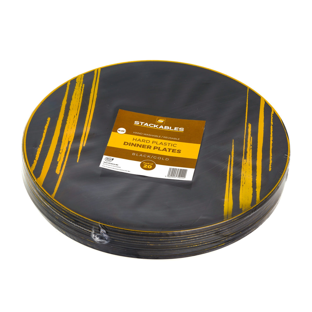 20 Pack 10.25" Black & Gold Designed Plastic Plates - Decodine