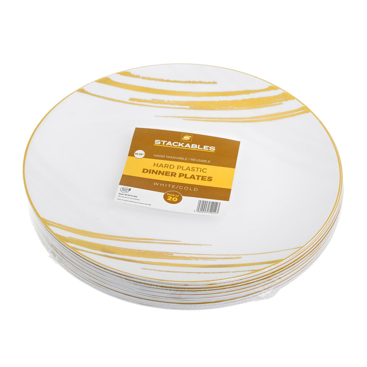20 Pack 10.25" White & Gold Designed Plastic Plates - Decodine