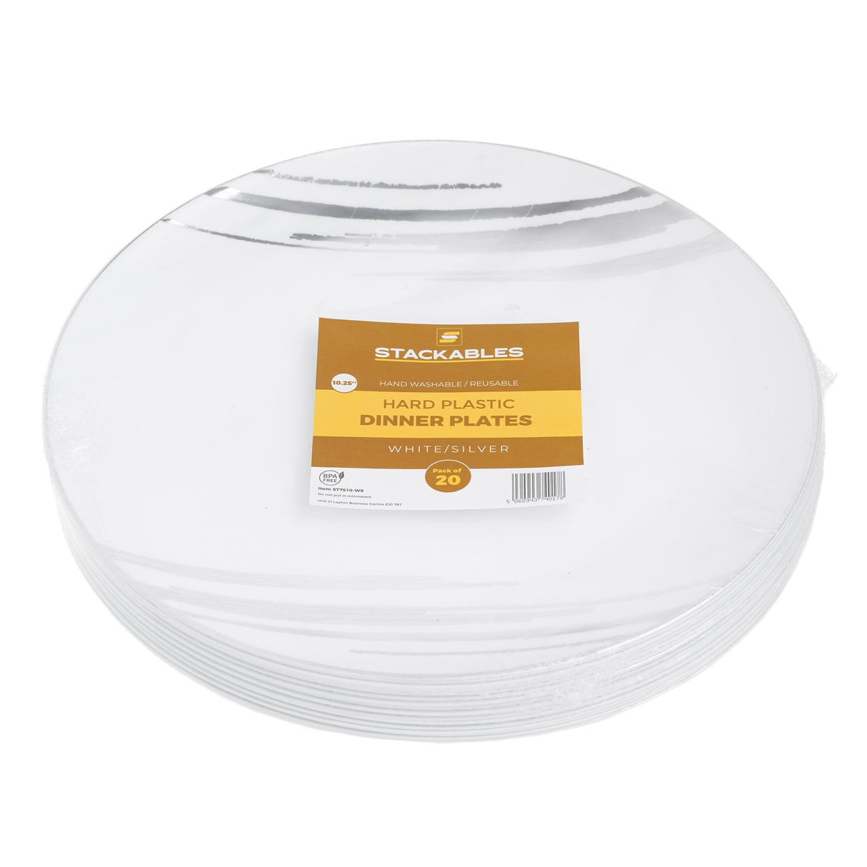 20 Pack 10.25" White & Silver Designed Plastic Plates - Decodine