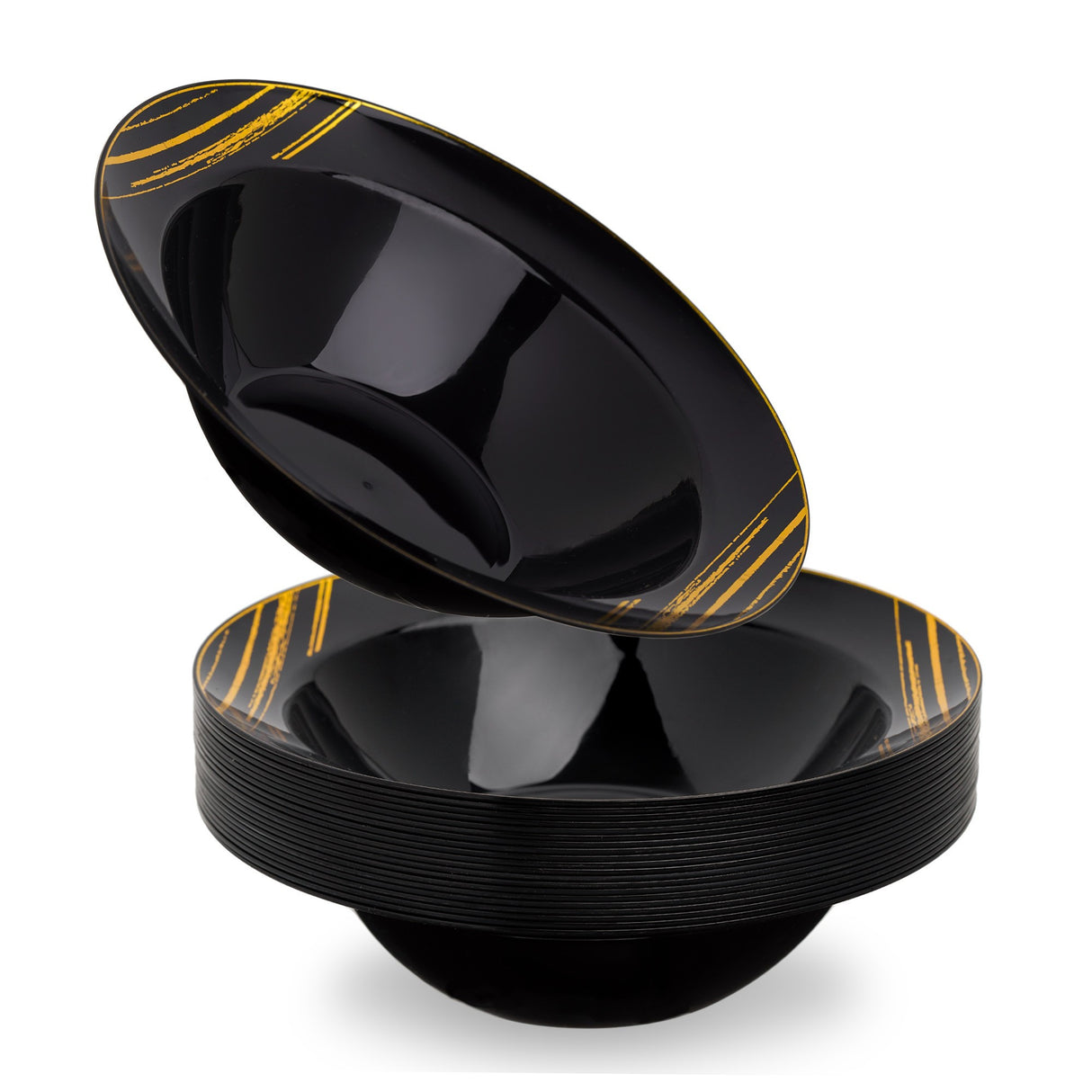 20 Pack 10oz Plastic Black & Gold Designed Party/Soup Bowls - Decodine
