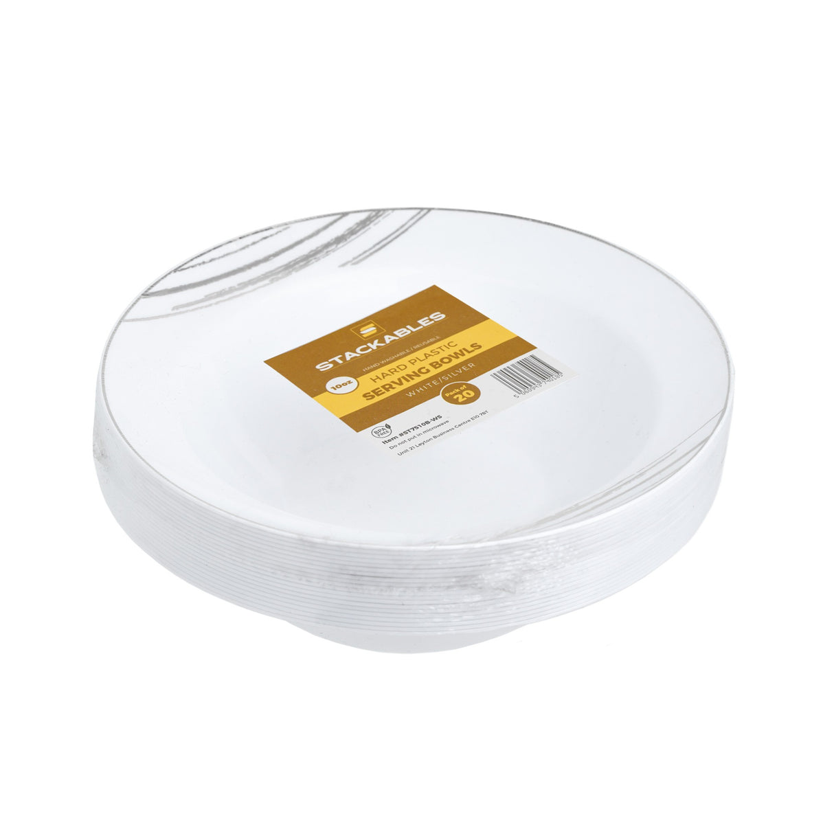 20 Pack 10oz Plastic White & Silver Designed Party/Soup Bowls - Decodine