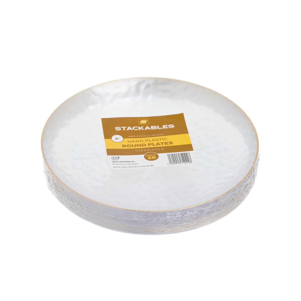 20 Pack 6" Clear Plastic Dessert Plates Hammered Designed with Gold Rim - Decodine