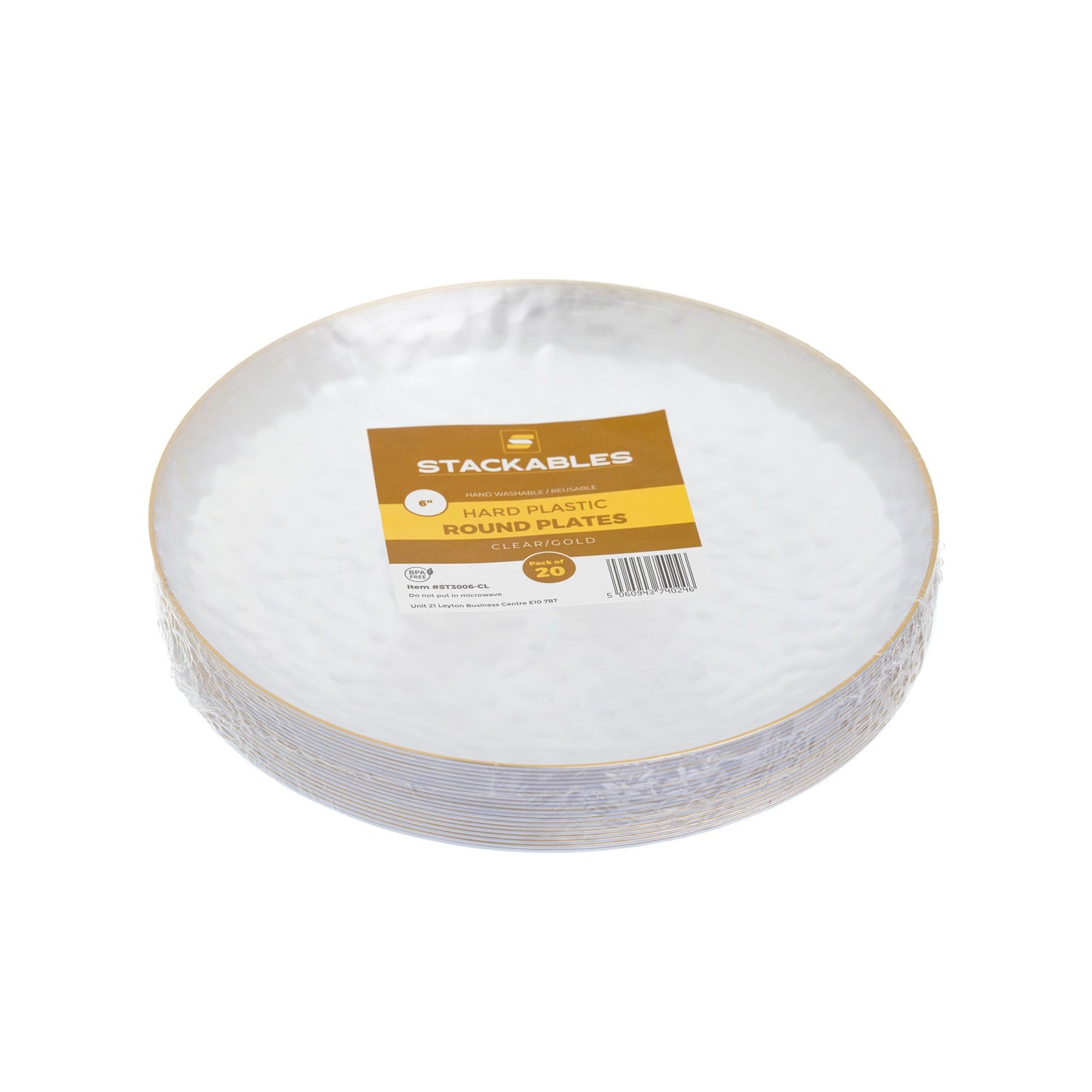 20 Pack 6" Clear Plastic Dessert Plates Hammered Designed with Gold Rim - Decodine