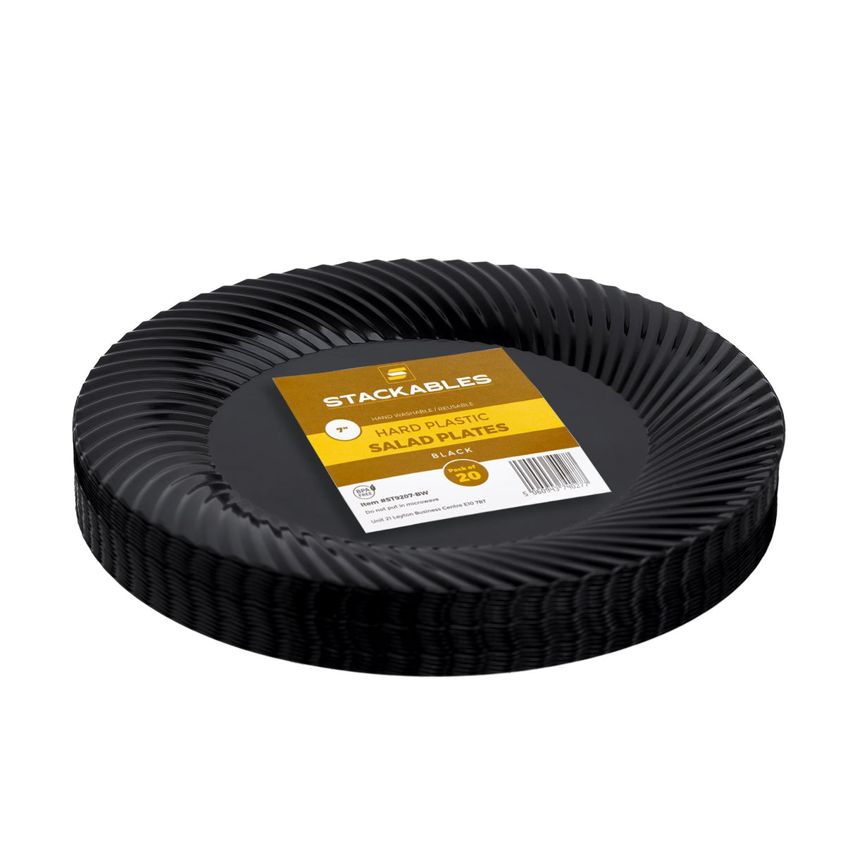 20 Pack 7" Black Plastic Plates with Seashell Rim - Decodine