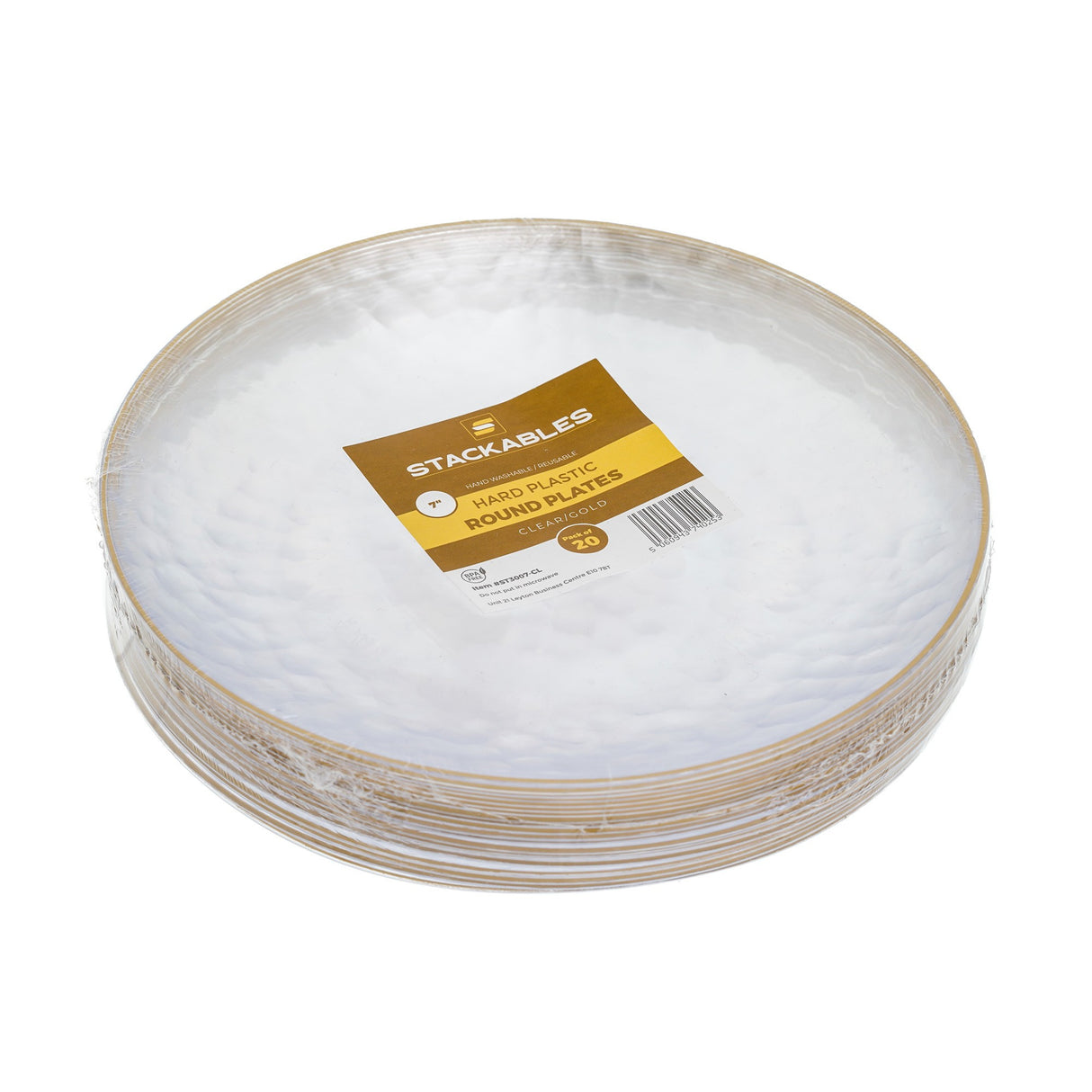 20 Pack 7" Clear Plastic Dessert Plates Hammered Designed with Gold Rim - Decodine