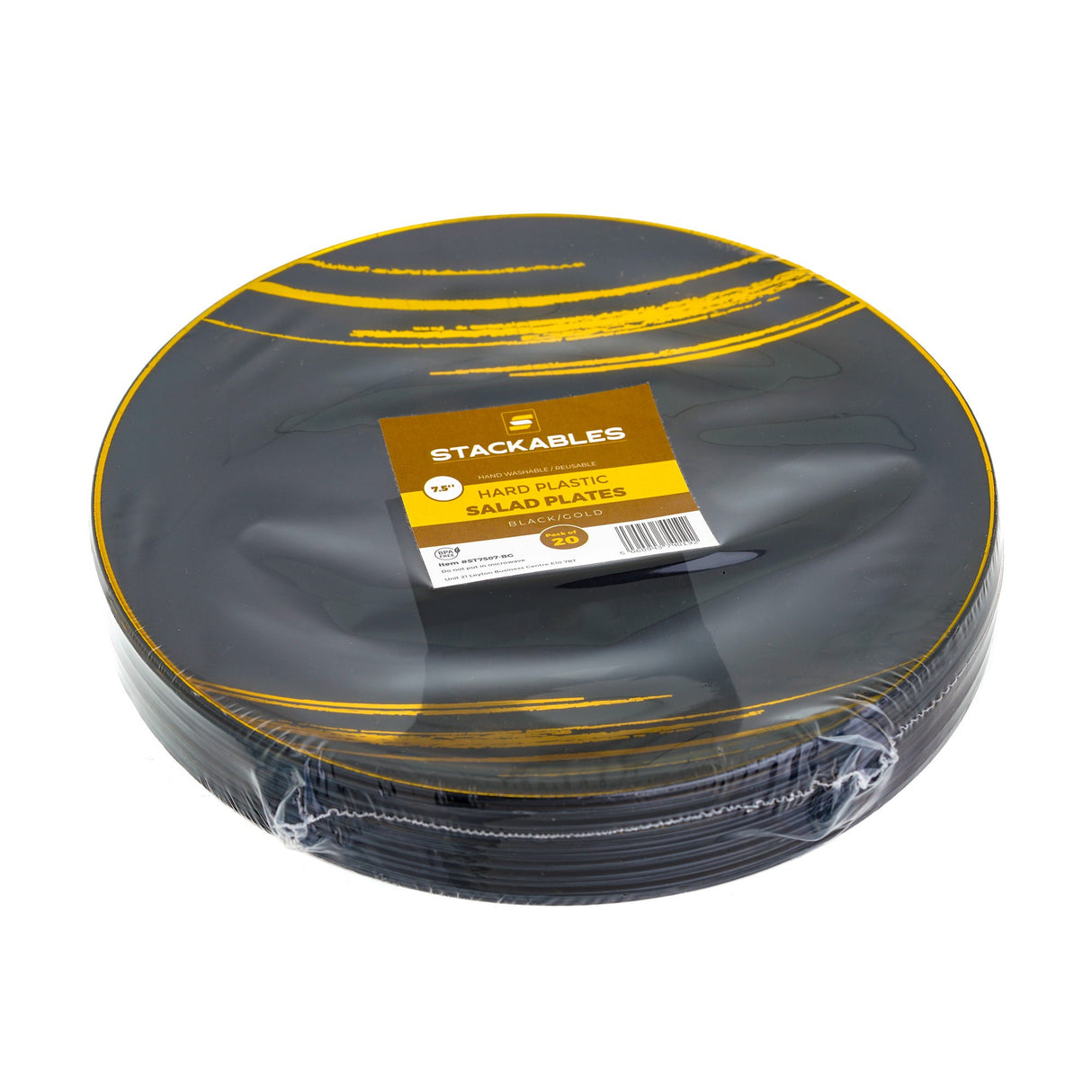 20 Pack 7.5" Black & Gold Designed Plastic Plates - Decodine