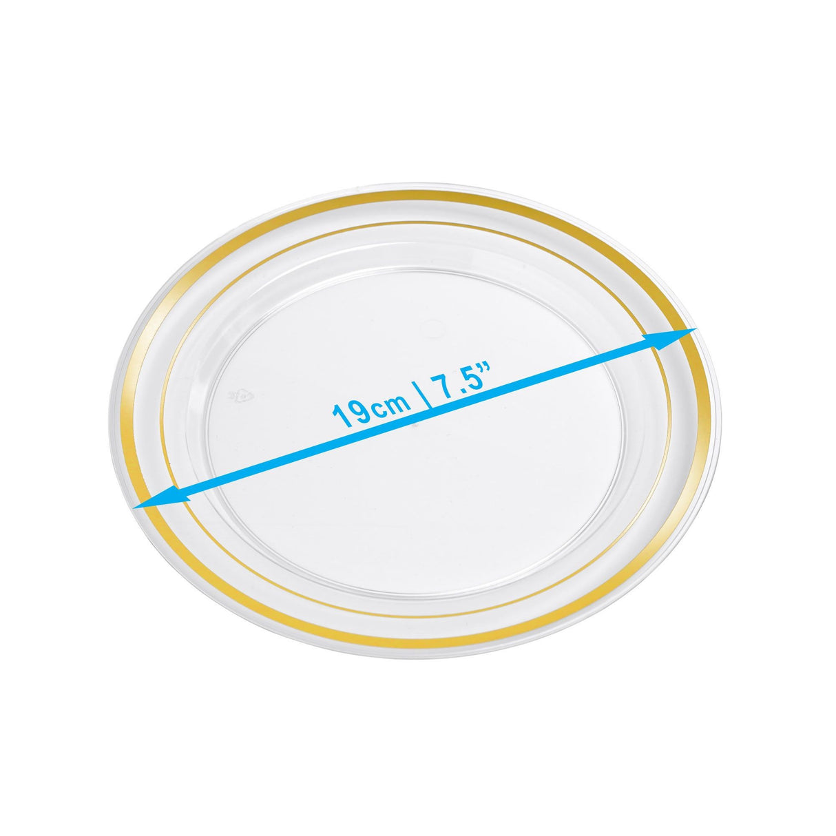 20 Pack 7.5" Hard Plastic Dessert/Side Plates Clear with Gold Rim - Decodine