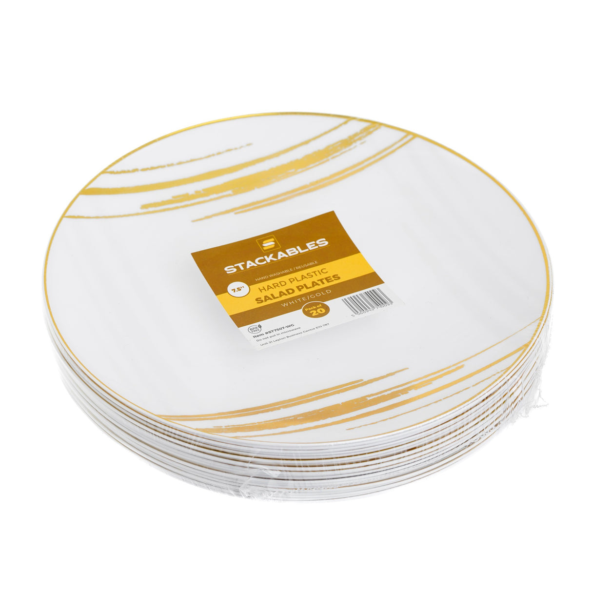 20 Pack 7.5" White & Gold Designed Plastic Plates - Decodine