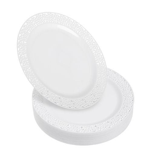20 Pack 7.5" White Hard Plastic Dessert/Side Plates with Lace Designed Rim - Decodine