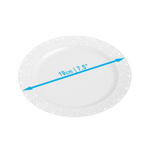20 Pack 7.5" White Hard Plastic Dessert/Side Plates with Lace Designed Rim - Decodine