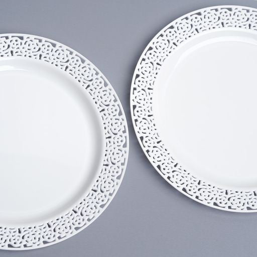 20 Pack 7.5" White Hard Plastic Dessert/Side Plates with Lace Designed Rim - Decodine