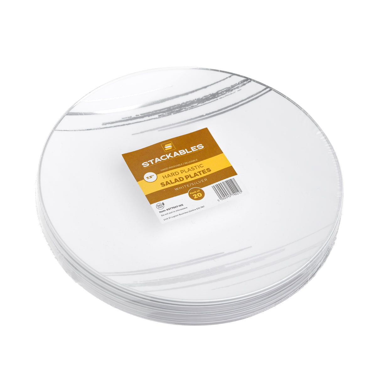20 Pack 7.5" White & Silver Designed Plastic Plates - Decodine