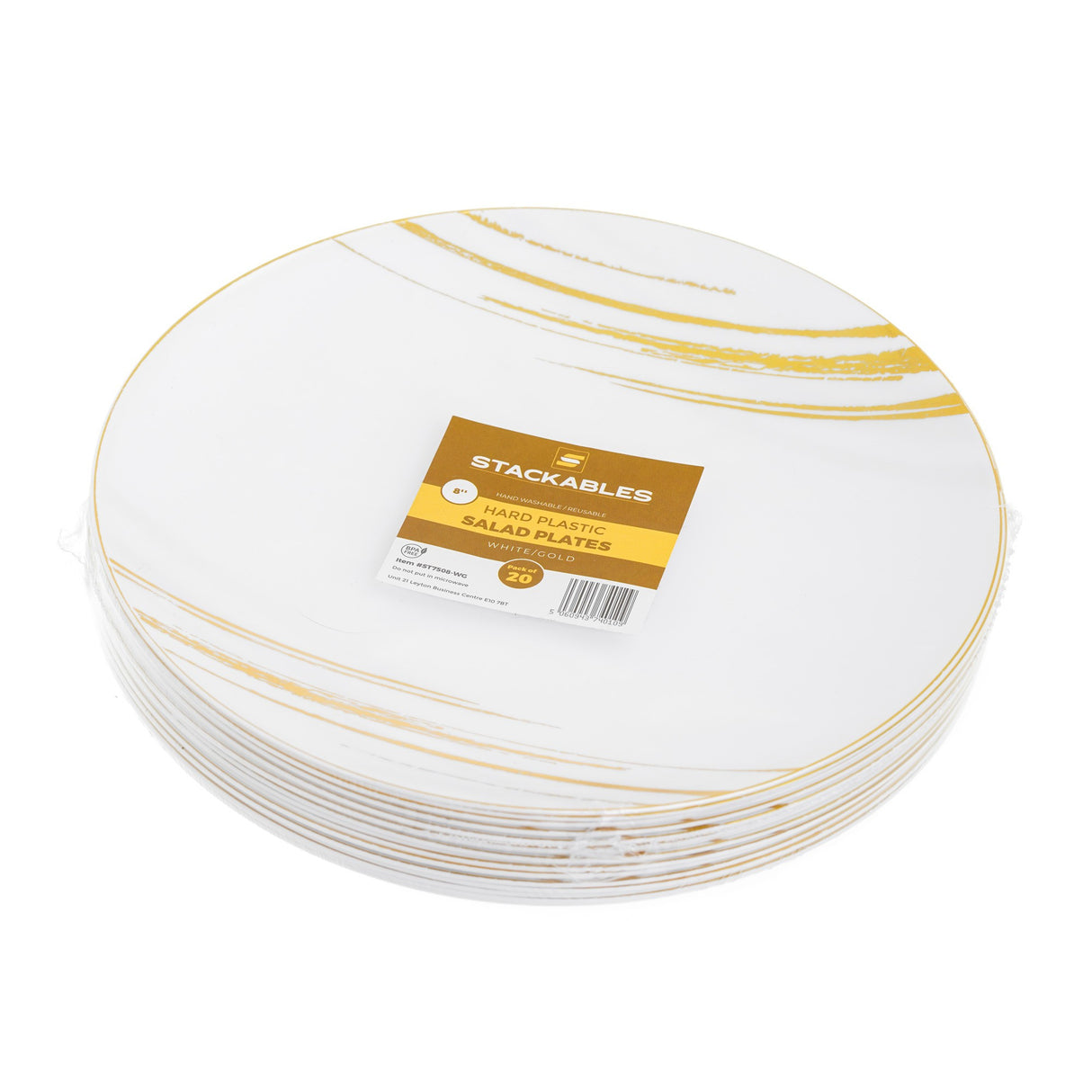 20 Pack 8" White & Gold Designed Plastic Plates - Decodine